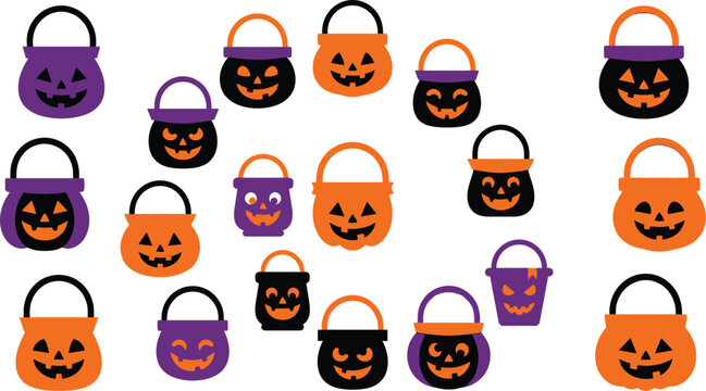Halloween candy buckets with jack-o-lantern faces in orange, purple, and black