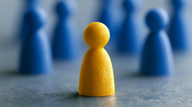 Glowing bright human figure standing uniquely out from dark blue crowded figures

