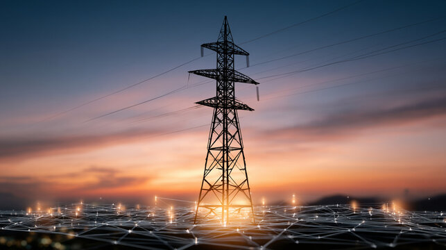 High voltage power transmission tower silhouette against warm golden sunset landscape sky

