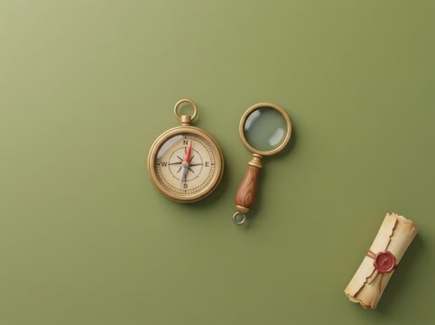 Vintage compass and magnifying glass on green surface.