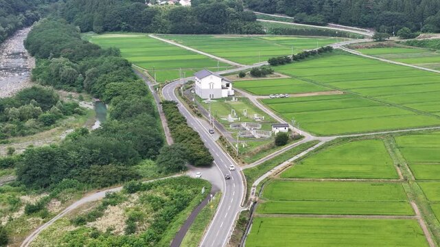Aerial view of rural countryside. Road curves beside green rice fields. River flows through lush forested banks. White buildings dot the landscape. Quiet, peaceful scene. Ideal for nature, agriculture