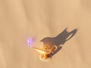 Golden magic lamp casting genie shadow on desert sand. © Joan