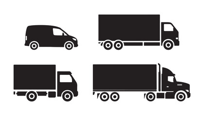 Fototapeta premium Set of delivery truck and van silhouettes for transport logistics commercial vehicle icons collection.