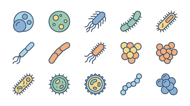 Set of colorful flat vector icons representing various bacteria and microorganisms for scientific research.