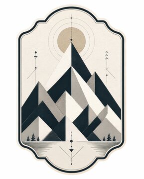 Mountain peak emblem badge for outdoor adventure and hiking. Retro shield crest design with alpine landscape and snow summit for sports branding.