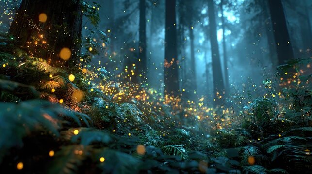 Surreal forest thicket with glowing bioluminescent fireflies and floating light particles abstract nature aesthetic digital art graphic resource backdrop