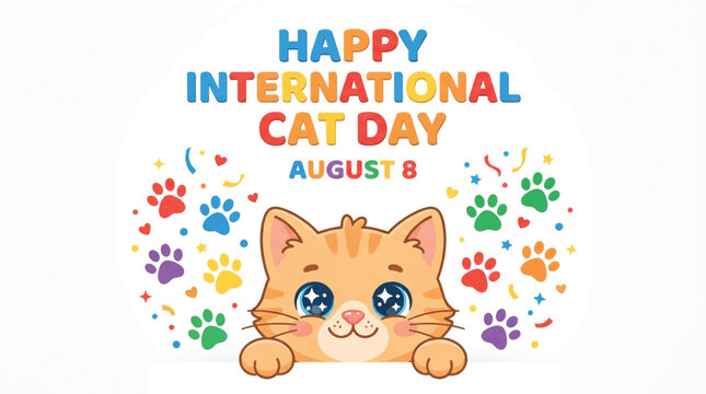 Happy International Cat Day August 8 vector illustration, cute ginger kitten character with colorful paw prints, festive feline holiday greeting card