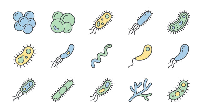 Set of colorful flat vector icons representing various bacteria and microorganisms for scientific research.