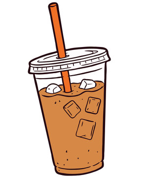 Iced coffee in plastic cup cartoon illustration isolated on transparent background