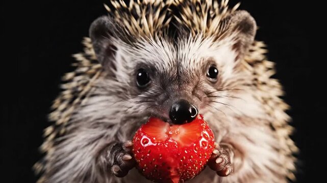 Cute chipmunk eating a juicy red strawberry in nature adorable animal feeding scene