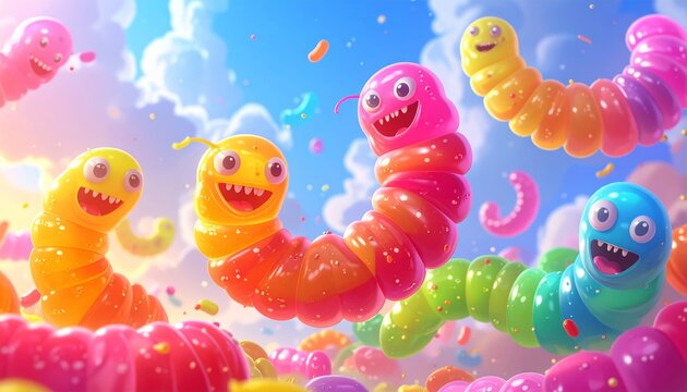 Colorful Cute Gummy Worms Floating in Bright Sky, Sweet Jelly Candy Background