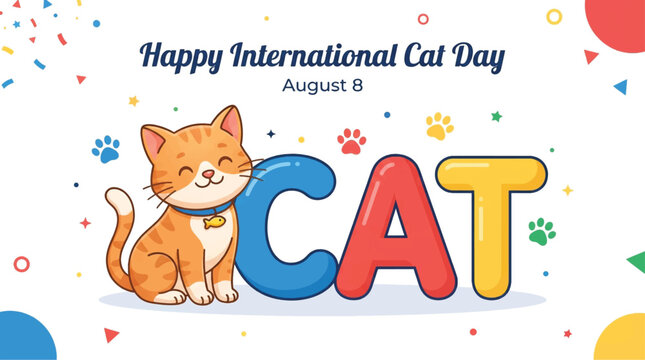 Happy International Cat Day greeting card, cute ginger kitten vector illustration, August 8 celebration banner with colorful paw prints and confetti