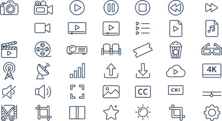 Fototapeta premium Multimedia and Cinema Line Icon Set for Video Production Media Player Controls Entertainment Streaming Websites and Digital Content Editing Software Interfaces