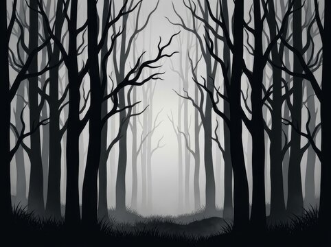 Eerie dark forest with bare trees in thick grey fog