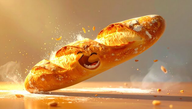 Happy French Baguette Bread Character Jumping with Flour Dust and Scattering Crumbs