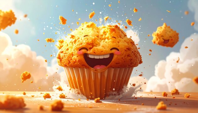 Happy Laughing Muffin Character Exploding with Joy and Crumbs against a Sunny Sky Illustration