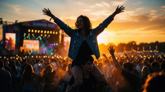 Happy Woman on Shoulders at Outdoor Summer Music Festival During Sunset Golden Hour with Stage and Crowd for Event Promotion