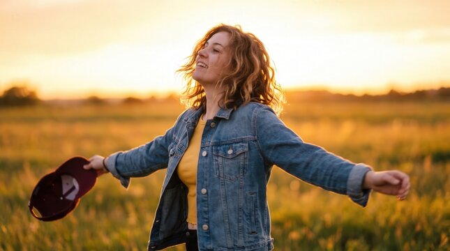 Happy woman in denim jacket standing in golden field with open arms at sunset, celebrating freedom and outdoor lifestyle travel