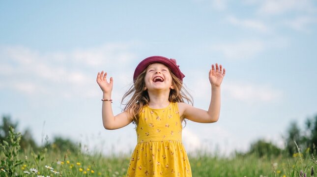 Laughing young girl with raised arms in sunny wildflower field under blue sky for summer joy and carefree childhood advertising