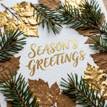 Season's Greetings holiday card with gold foil text. Festive winter pine branches and snowflake design for Christmas and New Year celebrations.
