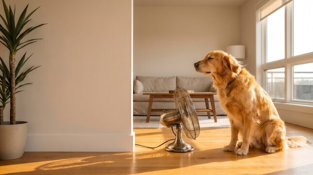 Golden Retriever Dog Cooling Down in Front of Electric Fan in Sunny Living Room for Pet Care and Summer Comfort Marketing