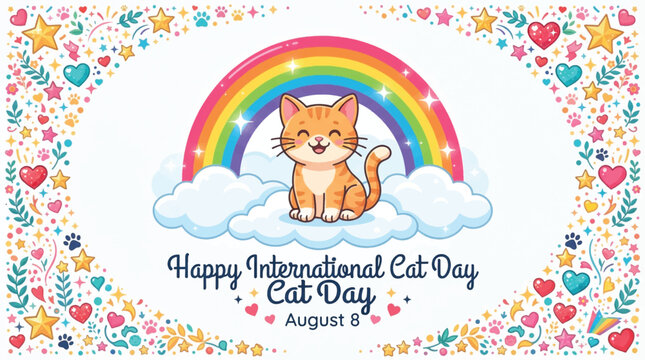 Happy International Cat Day greeting card, cute ginger kitten on clouds with rainbow, August 8 celebration banner with stars and hearts