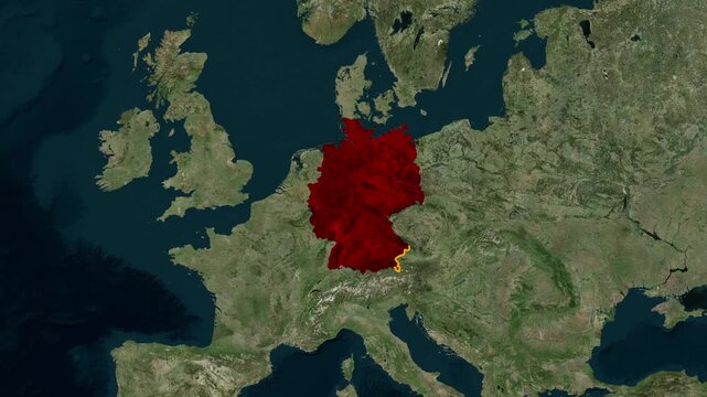 Germany map highlight: animated satellite view of central europe with country border and name label geography