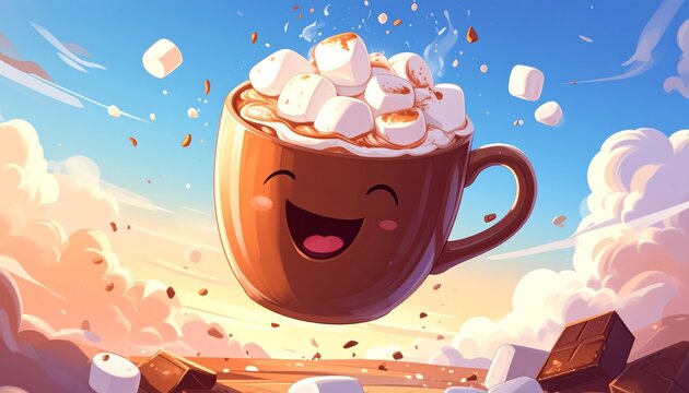 Cheerful cartoon mug of hot cocoa with marshmallows floating in a dreamy sky