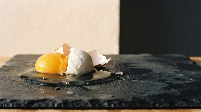 Raw egg broken on a dark slate board with eggshell pieces