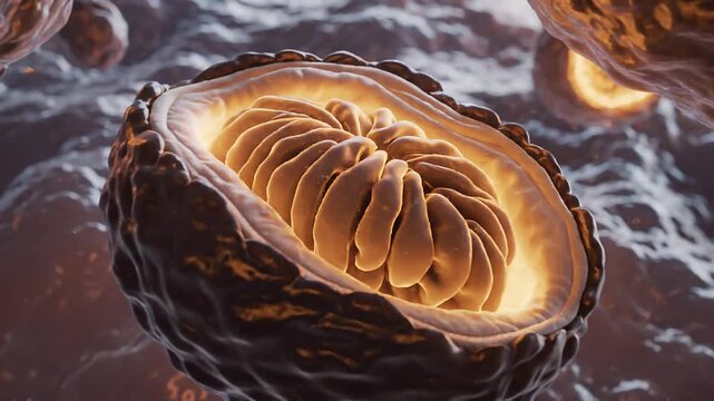 3D render showing a biological cell interior with a mitochondria pulsating with warm golden light, illustrating energy production, cellular respiration, and microscopic biology concepts.