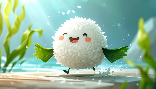 Adorable cartoon rice ball mascot running happily near the ocean with green leaf wings in a bright sunlit setting