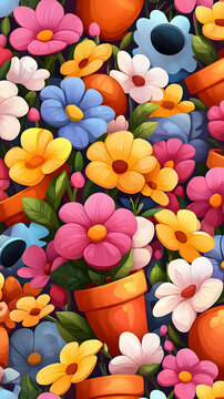 soft floral kawaii wallpaper featuring delicate pastel blossoms Vibrant Floral Pattern with Colorful Blossoms and Clay Pots for Spring Decor and Art Design Inspiration