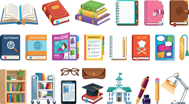 Education and Reading Essentials Flat Icon Set for Books, Learning, School Supplies and Academic Resources