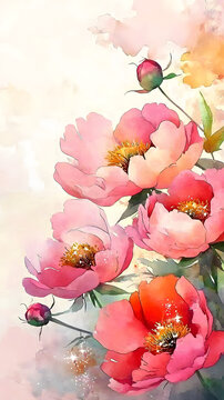 soft floral kawaii wallpaper featuring delicate pastel blossoms Elegant Watercolor Peonies Blooming in Soft Pastel Hues with Subtle Sparkles for Contemporary Floral Art Decor