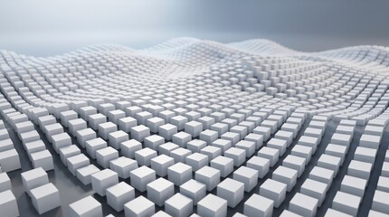 Naklejka premium Abstract 3D render of a waving landscape made of repeating white geometric cubes with clean shadows. Ideal for crypto, tech, and data science backgrounds