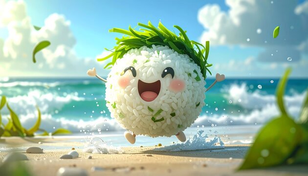 Cute Anthropomorphic Onigiri Rice Ball Character Jumping Happily on a Sunny Tropical Beach with Turquoise Ocean Waves