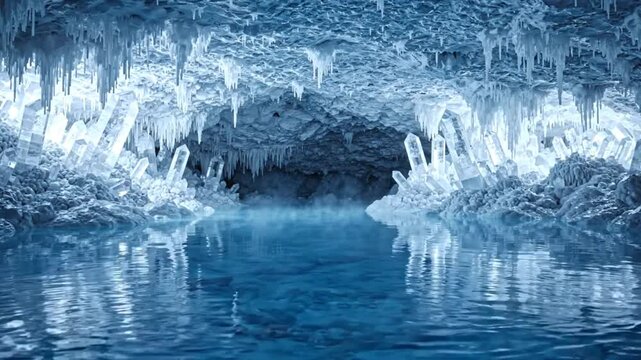 Stunning Crystal Cavern Featuring Glowing Ice Formations and Frozen Water Surface in Underground Cave