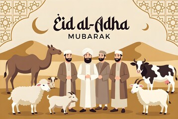 Naklejka premium Eid al-Adha Mubarak Illustration with Family and Sacrifice Animals