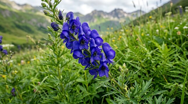 Purple monkshood flower in alpine meadow. Aconitum napellus blooming in mountain landscape.