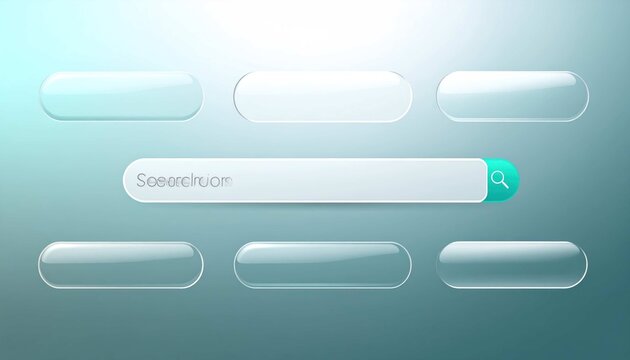 Transparent liquid glass ui buttons with fluid texture, blur effect, modern 3d vector design elements on background. Glassmorphism frame icons, search bar for futuristic app interface and web 