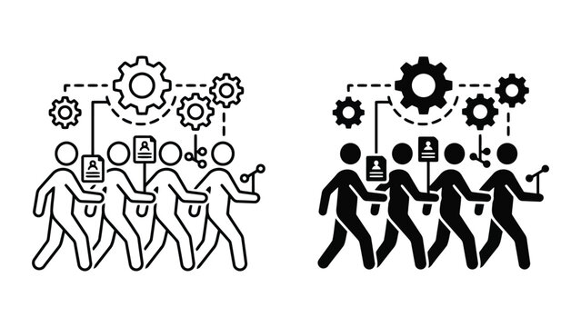 Team workforce collaboration icon set with gears and professional identity