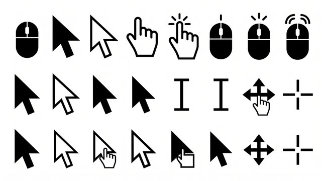 Black and white cursor icons set with arrow hand pointer mouse click and computer interface symbols