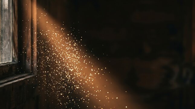 Cinematic light beam with dancing dust motes through a rustic window