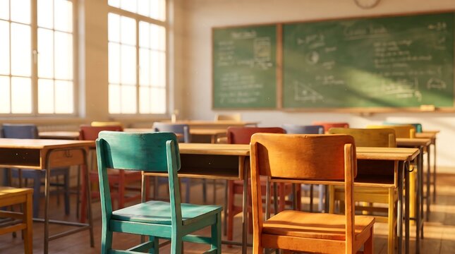 Sunlit empty classroom with wooden desks and chairs neatly arranged in front of a green chalkboard creating a warm and inviting atmosphere for educational content