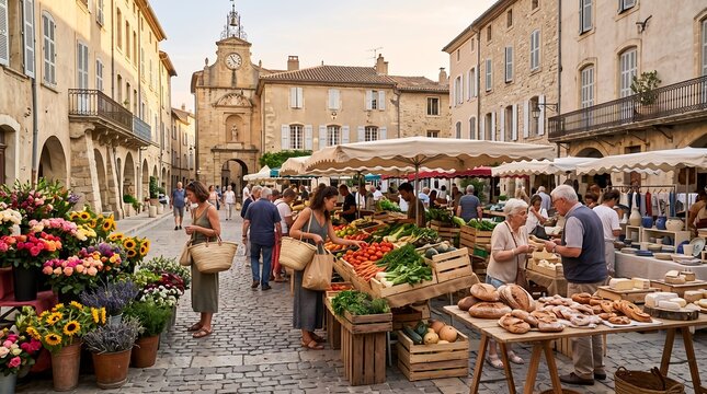 People Shopping for Fresh Produce at a Traditional Outdoor Market in a French Village
