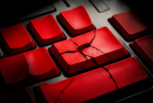 Cracked red keyboard keys, technology failure and digital stress concept, computer hardware damage and frustration