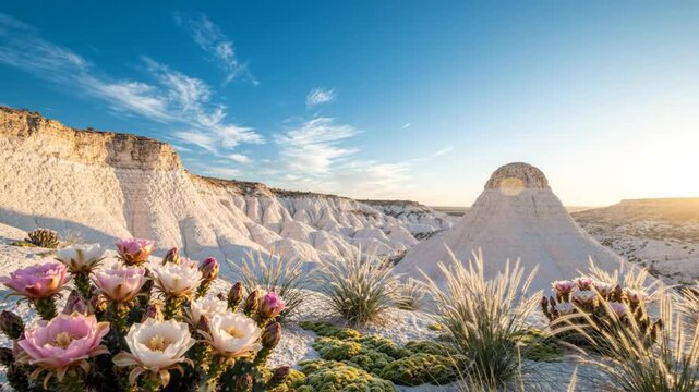 Stunning White Chalk Desert Landscape with Blooming Prickly Pear Cactus Flowers Under Sunny Sky