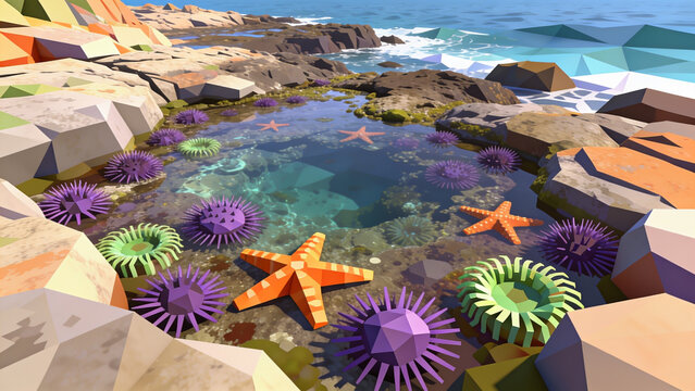 Starfish and sea urchins in coastal tide pool with rocky shore and ocean waves