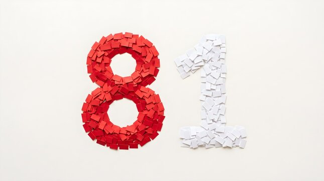 Number 81 made of red and white paper cut on white background