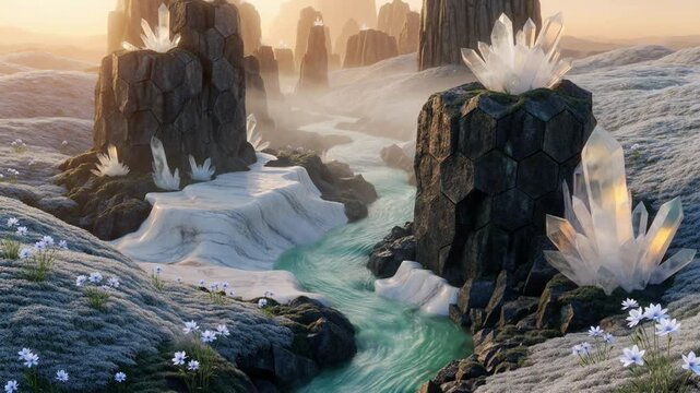 Surreal Fantasy Landscape Featuring Hexagonal Stone Columns and Glowing Crystals with River Stream